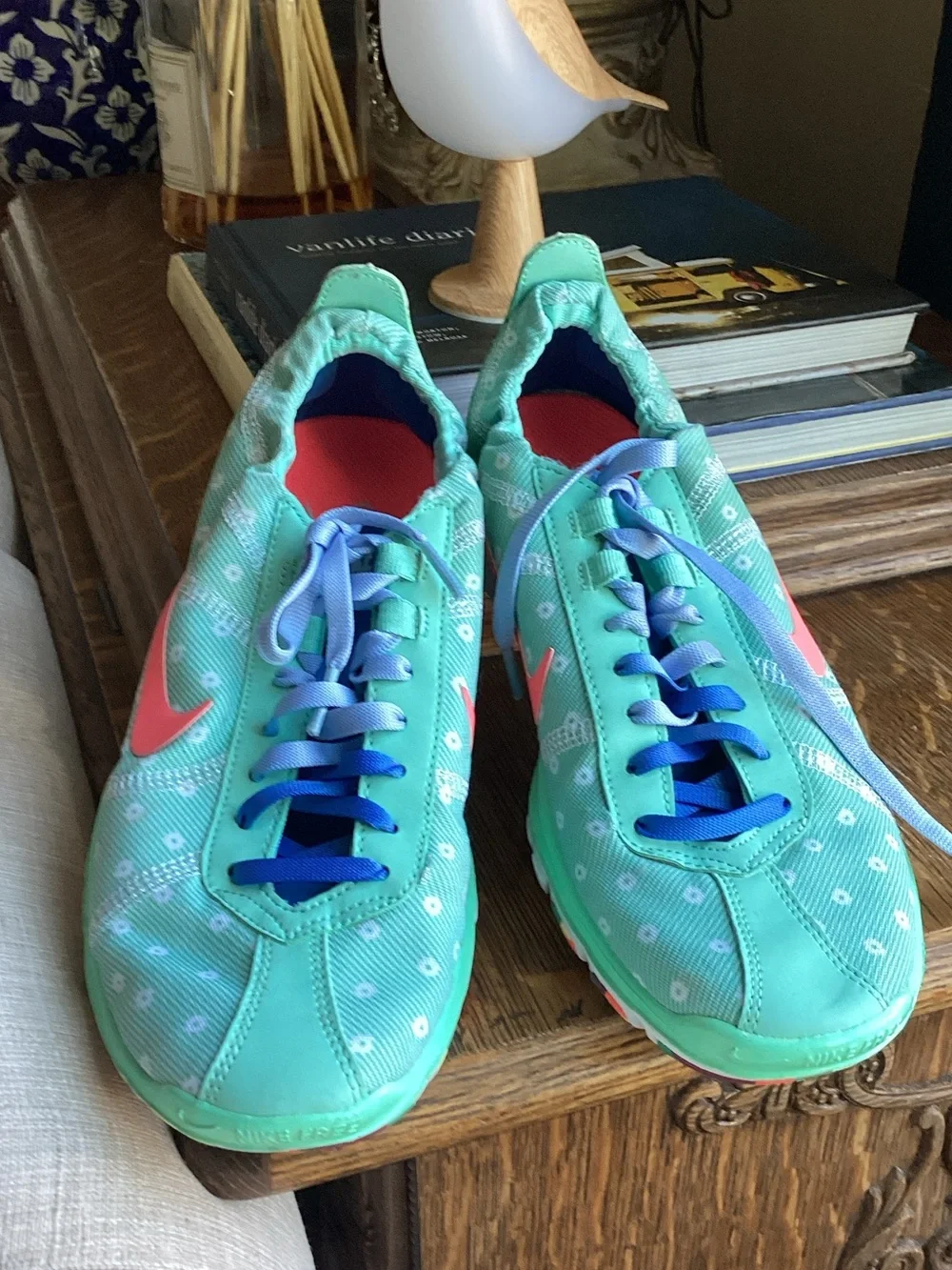 Nike Mint Green Polka Dot Running Sneakers with Coral Swoosh and Blue Laces